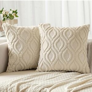 Set of 2 Cream Beige Soft 3D Chenille Faux Fur Pillow Covers 18x18 Throw Pillows